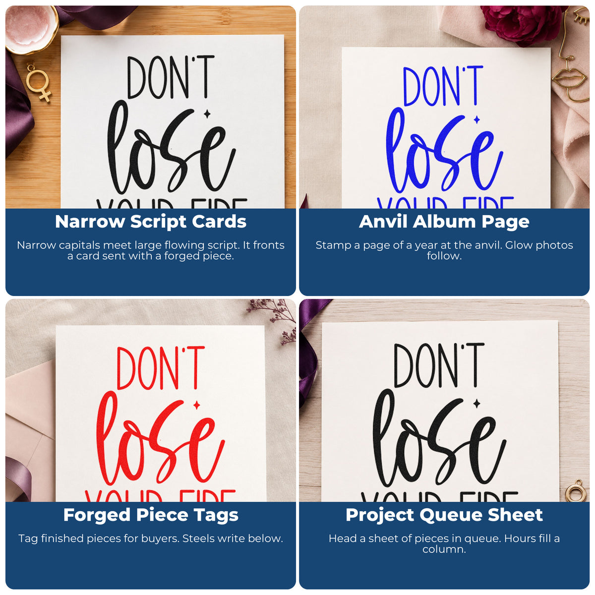 Four ways to use the Do Not Lose Fire Pre-Inked Stamp – Slim: narrow script cards, anvil album page, forged piece tags and project queue sheet.