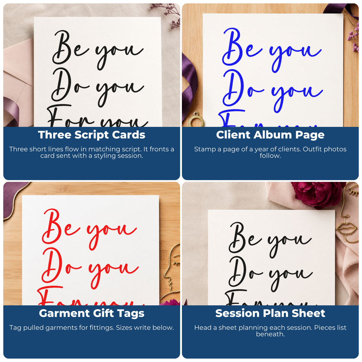 Four ways to use the Be You For You PSI Pre-Inked Stamp: three script cards, client album page, garment gift tags and session plan sheet.