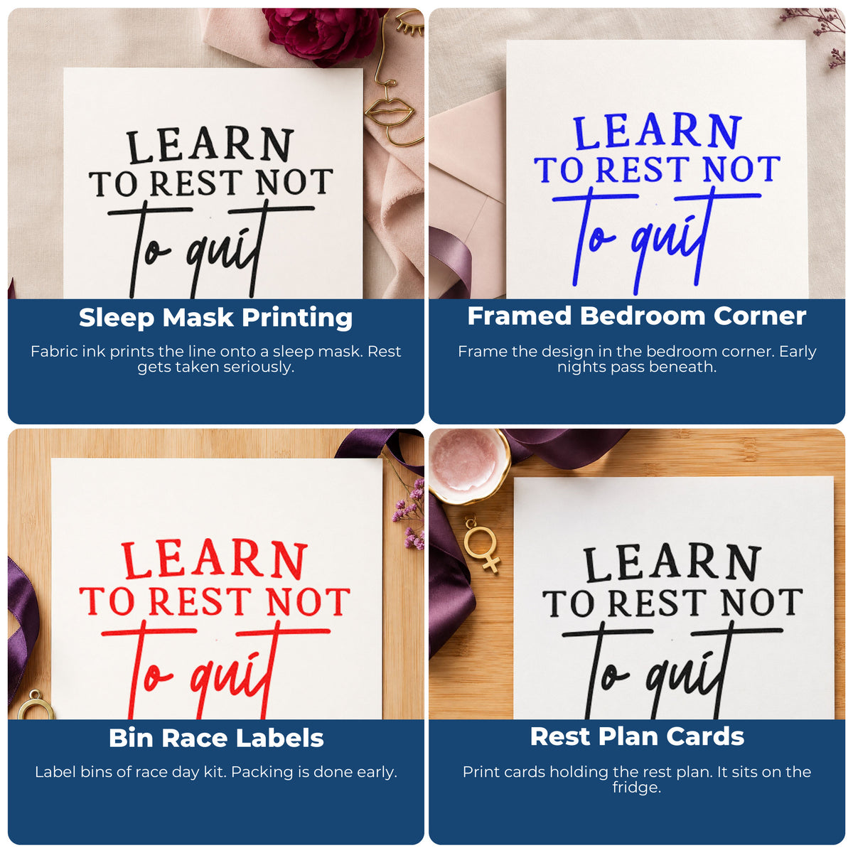 Four ways to use the Learn To Rest Word Art Wood Handle Stamp: sleep mask printing, framed bedroom corner, bin race labels and rest plan cards.