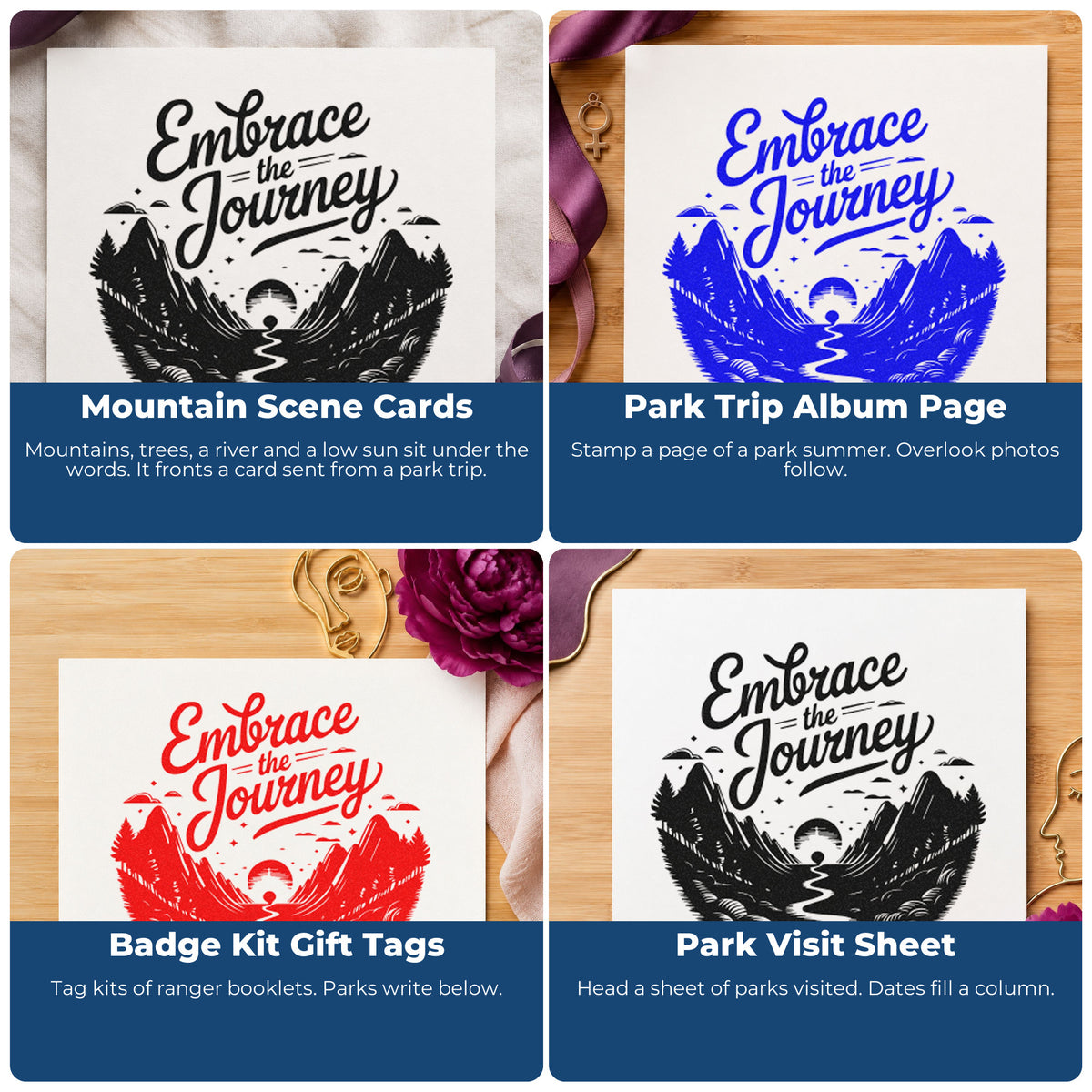 Four ways to use the Embrace Journey Mountain Landscape Rubber Stamp – Duo Hand: mountain scene cards, park trip album page, badge kit gift tags and park visit sheet.