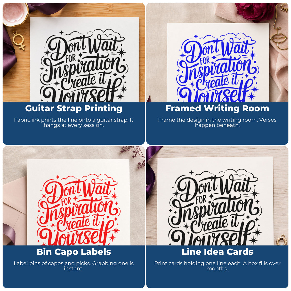 Four ways to use the Don't Wait For Inspiration Create It Yourself Wood Handle Stamp: guitar strap printing, framed writing room, bin capo labels and line idea cards.
