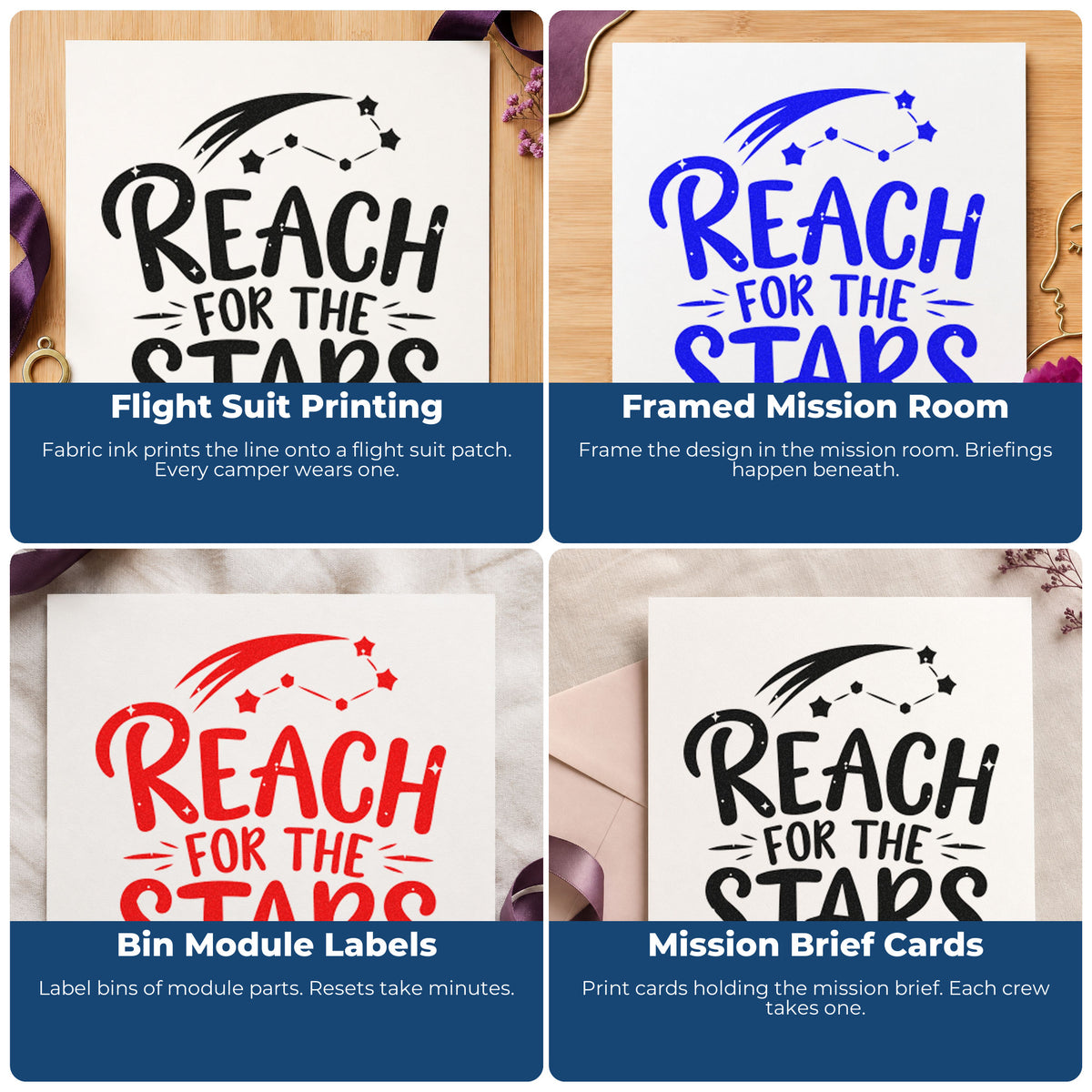 Four ways to use the Reach For The Stars Stamp - Premium Vintage Pro Wooden: flight suit printing, framed mission room, bin module labels and mission brief cards.