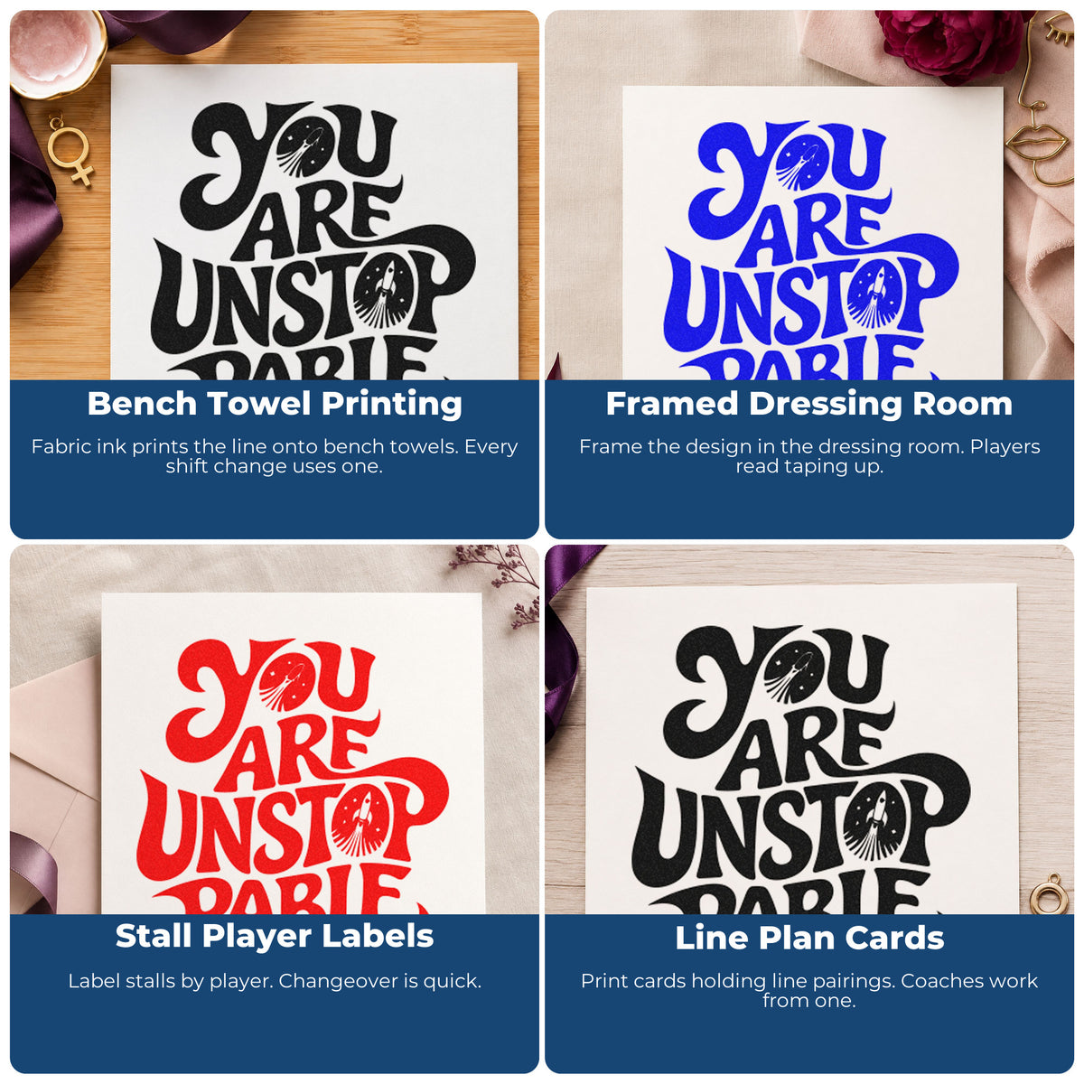 Four ways to use the Premium Wooden You Are Unstoppable Stamp - Vintage Pro: bench towel printing, framed dressing room, stall player labels and line plan cards.
