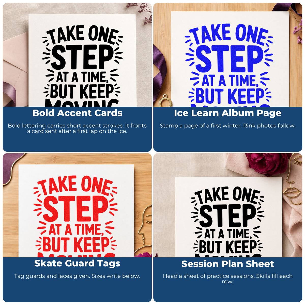 Four ways to use the Take One Step At A Time But Keep Moving Rubber Stamp – Duo Hand: bold accent cards, ice learn album page, skate guard tags and session plan sheet.