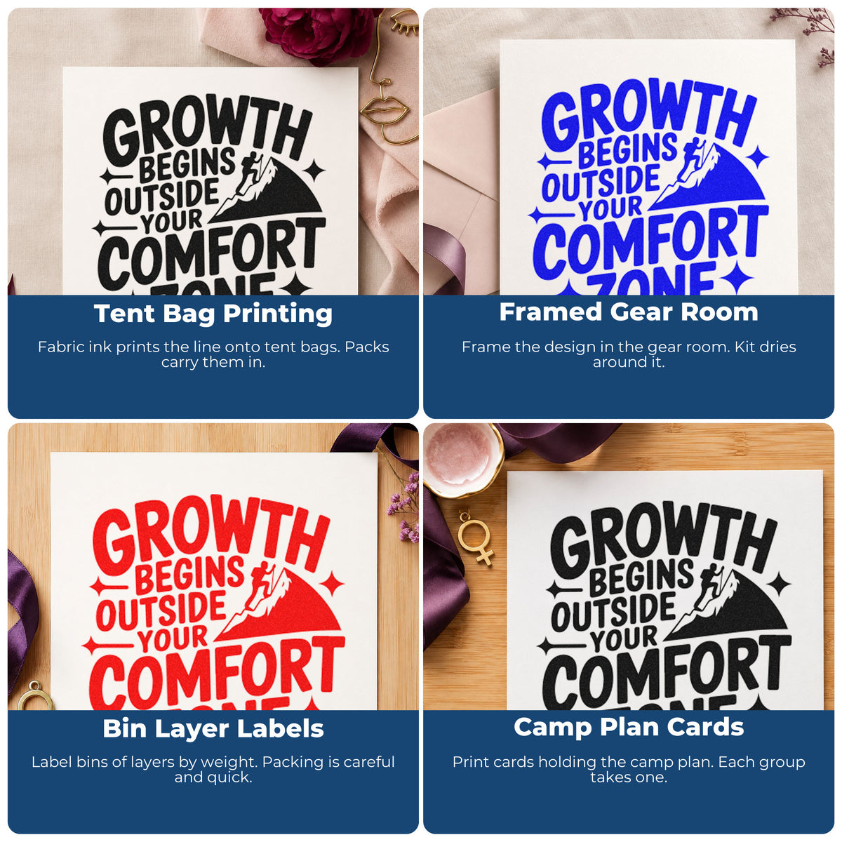Four ways to use the Growth Comfort Zone Climber Wood-Mounted Rubber Stamp: tent bag printing, framed gear room, bin layer labels and camp plan cards.