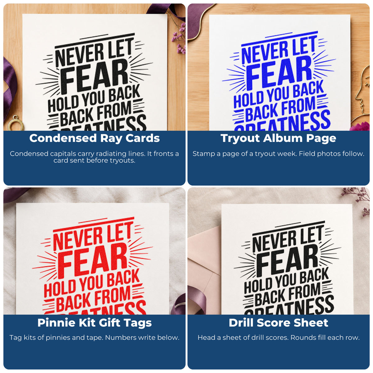 Four ways to use the Never Let Fear Hold You Back PSI Pre-Inked Stamp: condensed ray cards, tryout album page, pinnie kit gift tags and drill score sheet.