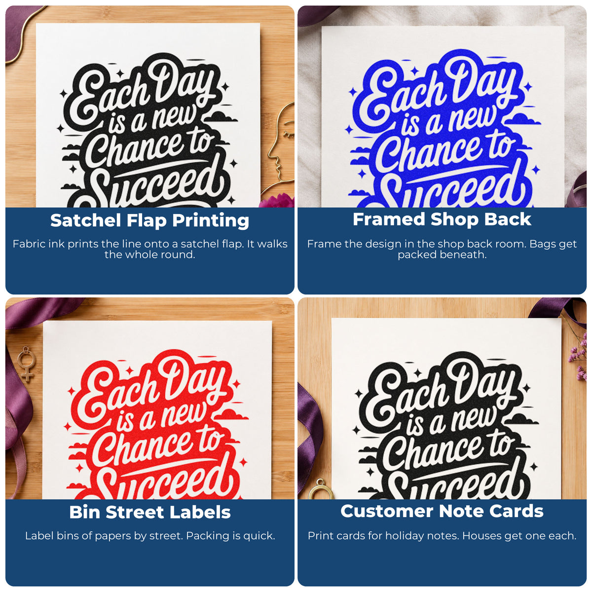 Four ways to use the Each Day Is A New Chance To Succeed Rubber Stamp – Wood Handle: satchel flap printing, framed shop back, bin street labels and customer note cards.