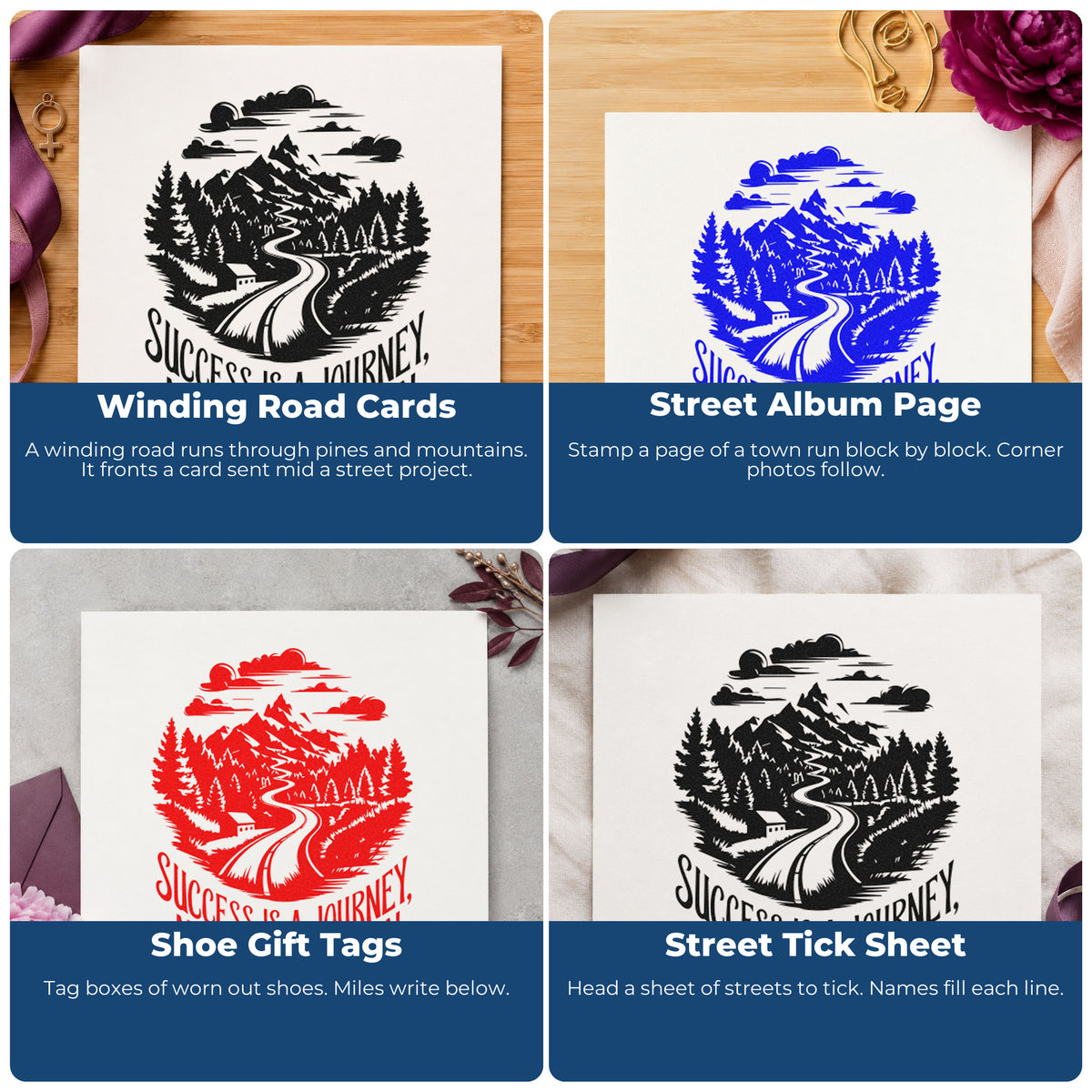 Four ways to use the Success Journey Mountain Road Stamp – Self-Inking: winding road cards, street album page, shoe gift tags and street tick sheet.