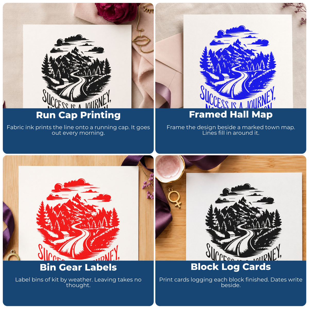 Four ways to use the Success Journey Mountain Road Premium Wood-Mounted Stamp - Vintage Pro: run cap printing, framed hall map, bin gear labels and block log cards.