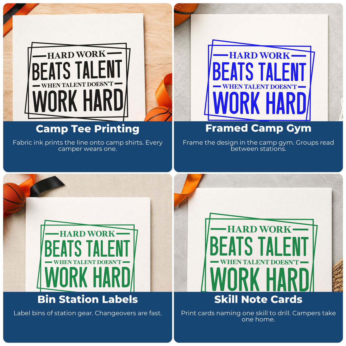 Four ways to use the PSI Pre-Inked Hard Work Beats Talent Stamp: camp tee printing, framed camp gym, bin station labels and skill note cards.
