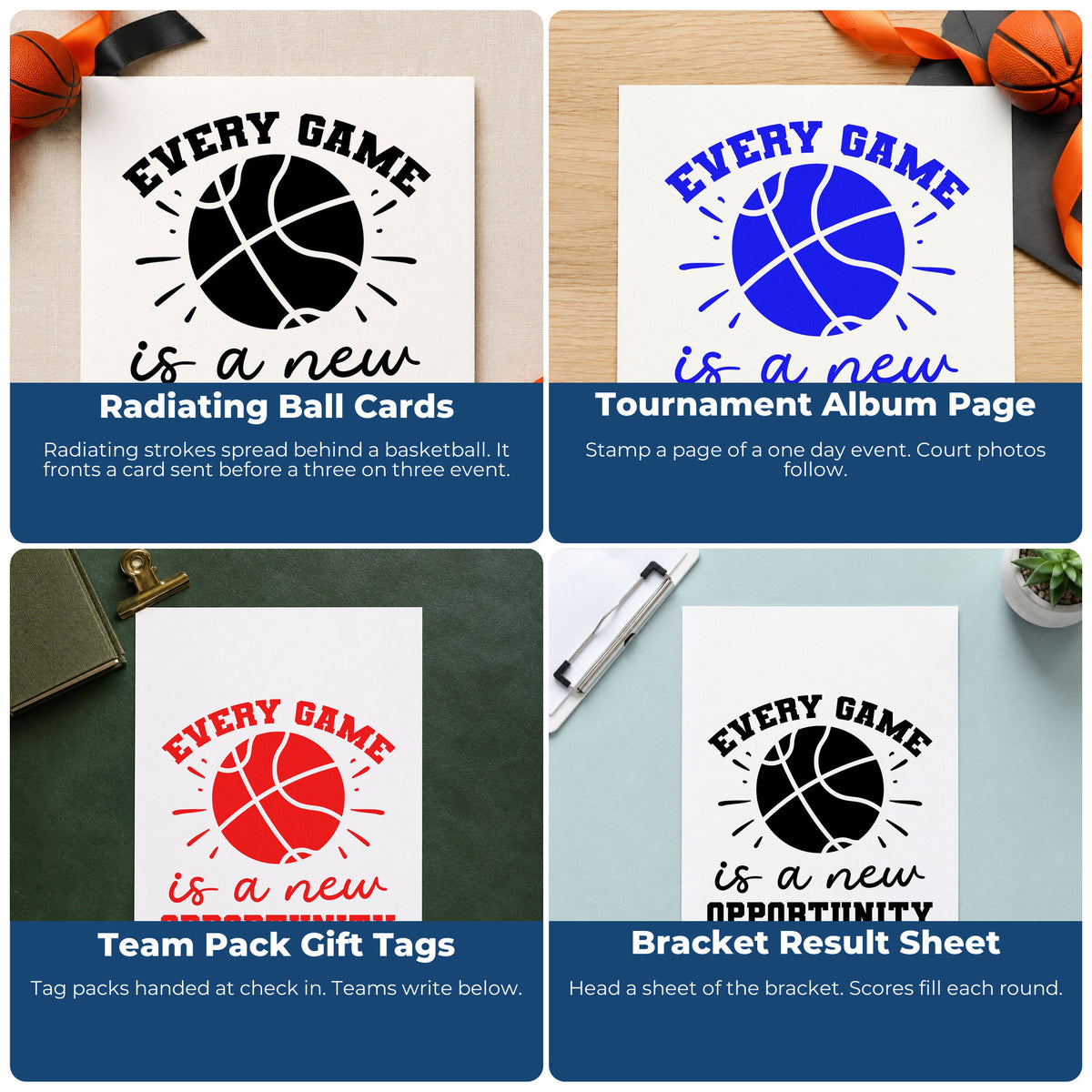 Four ways to use the Every Game New Opportunity PSI Pre-Inked Stamp: radiating ball cards, tournament album page, team pack gift tags and bracket result sheet.