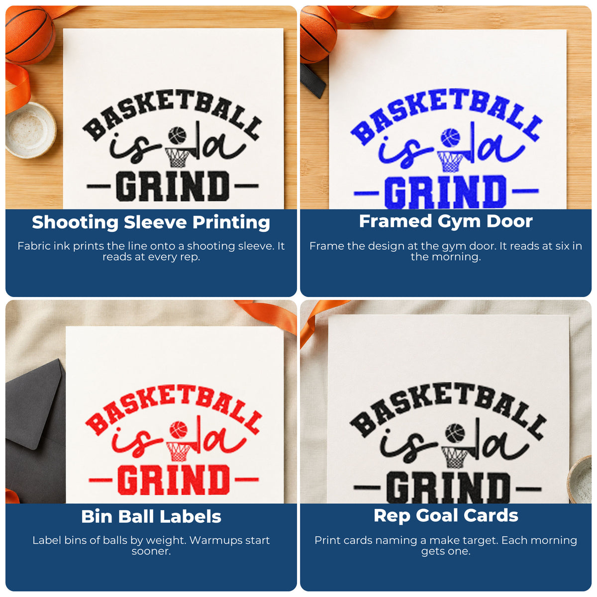 Four ways to use the Basketball Is A Grind Premium Wood-Mounted Stamp - Vintage Pro: shooting sleeve printing, framed gym door, bin ball labels and rep goal cards.
