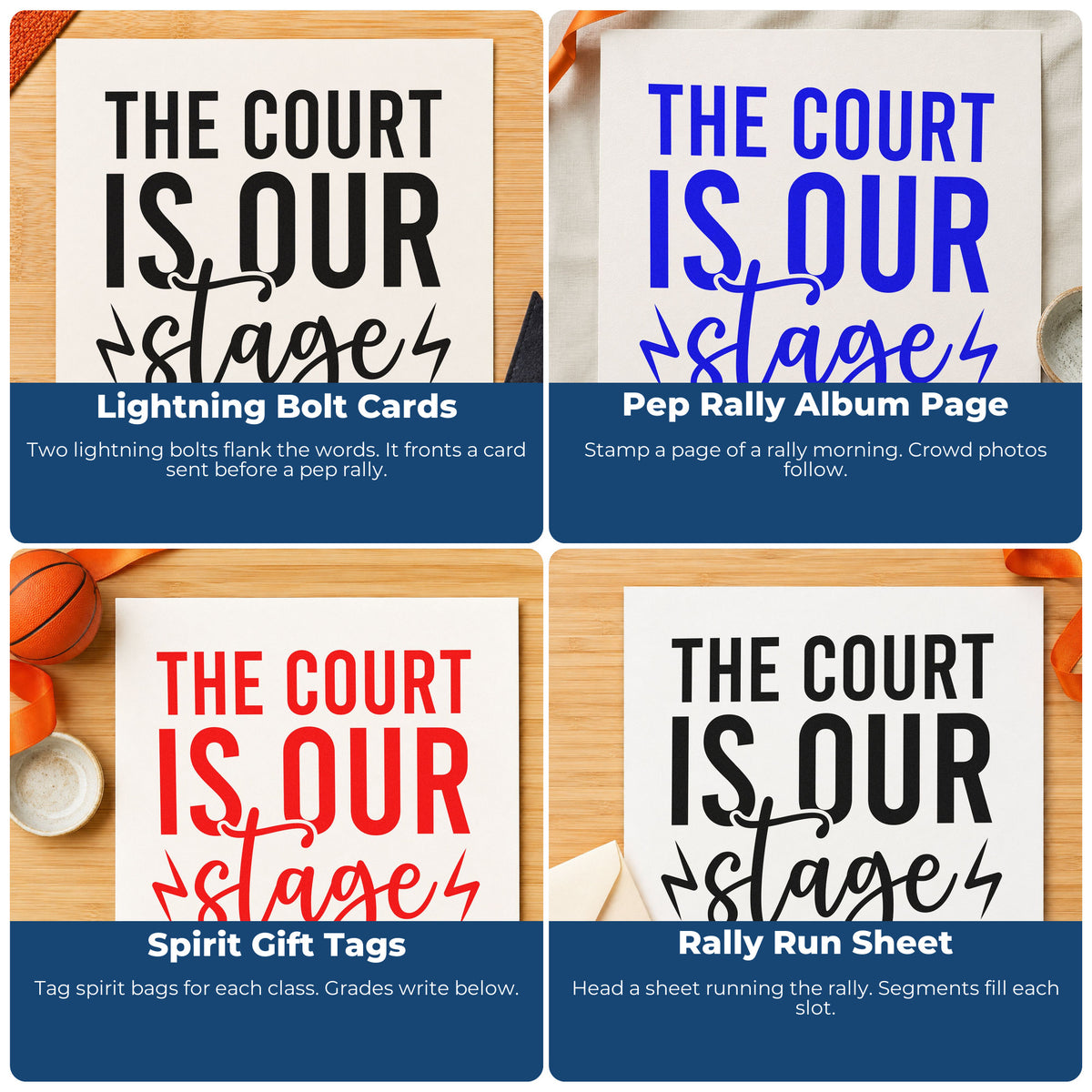 Four ways to use the The Court Is Our Stage Rubber Stamp – Duo Hand: lightning bolt cards, pep rally album page, spirit gift tags and rally run sheet.