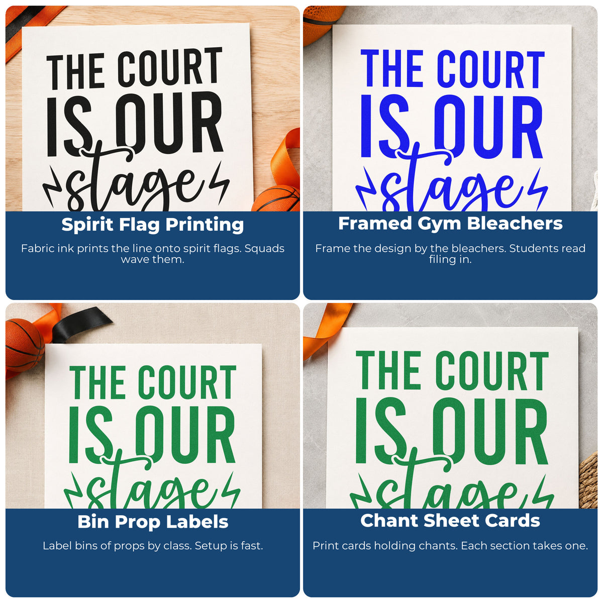 Four ways to use the The Court Is Our Stage Rubber Stamp – Duo Hand: spirit flag printing, framed gym bleachers, bin prop labels and chant sheet cards.