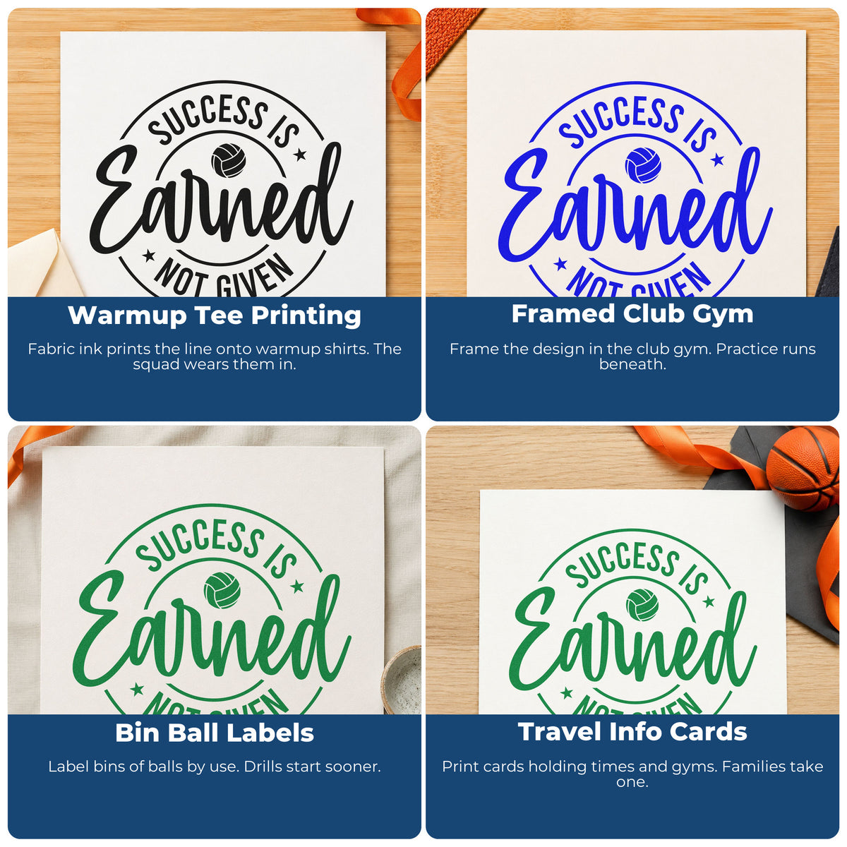 Four ways to use the Volleyball Circle With Success Is Earned PSI Pre-Inked Stamp: warmup tee printing, framed club gym, bin ball labels and travel info cards.