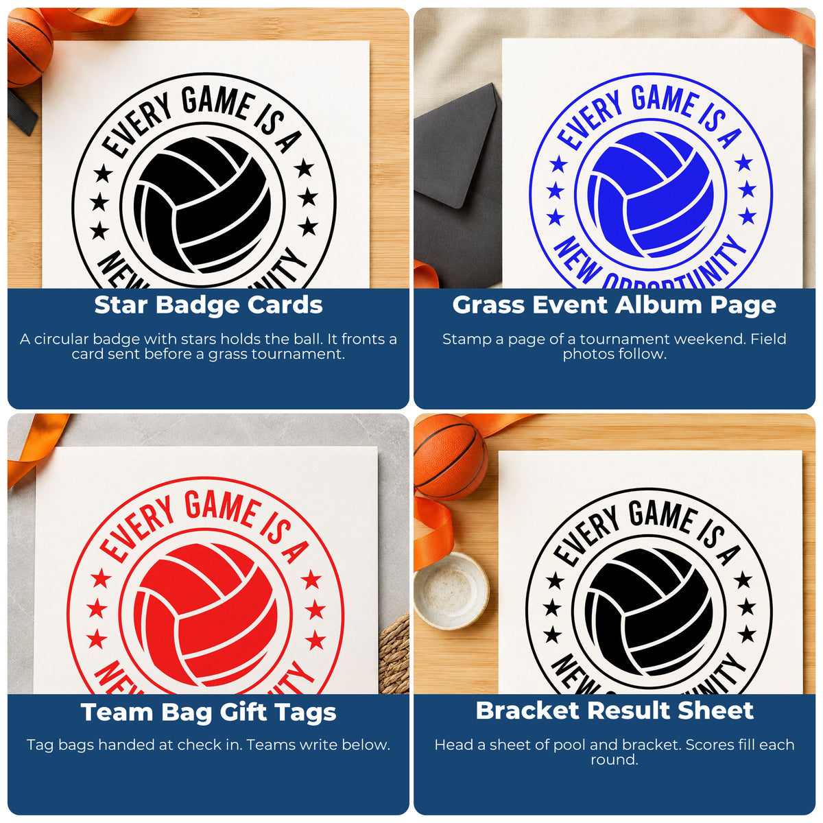 Four ways to use the Volleyball Stars With New Opportunity Quote Rubber Stamp – Wood Handle: star badge cards, grass event album page, team bag gift tags and bracket result sheet.