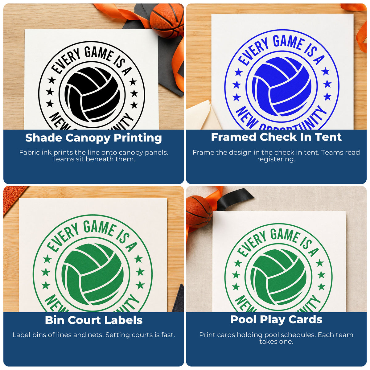 Four ways to use the PSI Pre-Inked Volleyball Stars With New Opportunity Quote Stamp: shade canopy printing, framed check in tent, bin court labels and pool play cards.