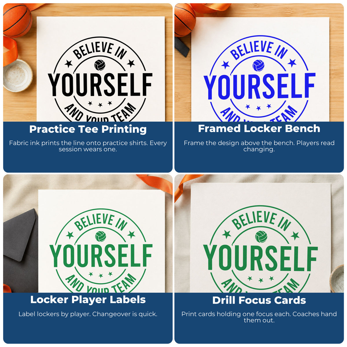Four ways to use the Teamwork Quote With Volleyball Badge Self-Inking Craft Stamp: practice tee printing, framed locker bench, locker player labels and drill focus cards.