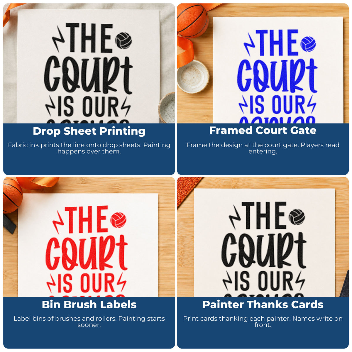 Four ways to use the Premium Wooden Volleyball And Lightning Court Quote Stamp - Vintage Pro: drop sheet printing, framed court gate, bin brush labels and painter thanks cards.