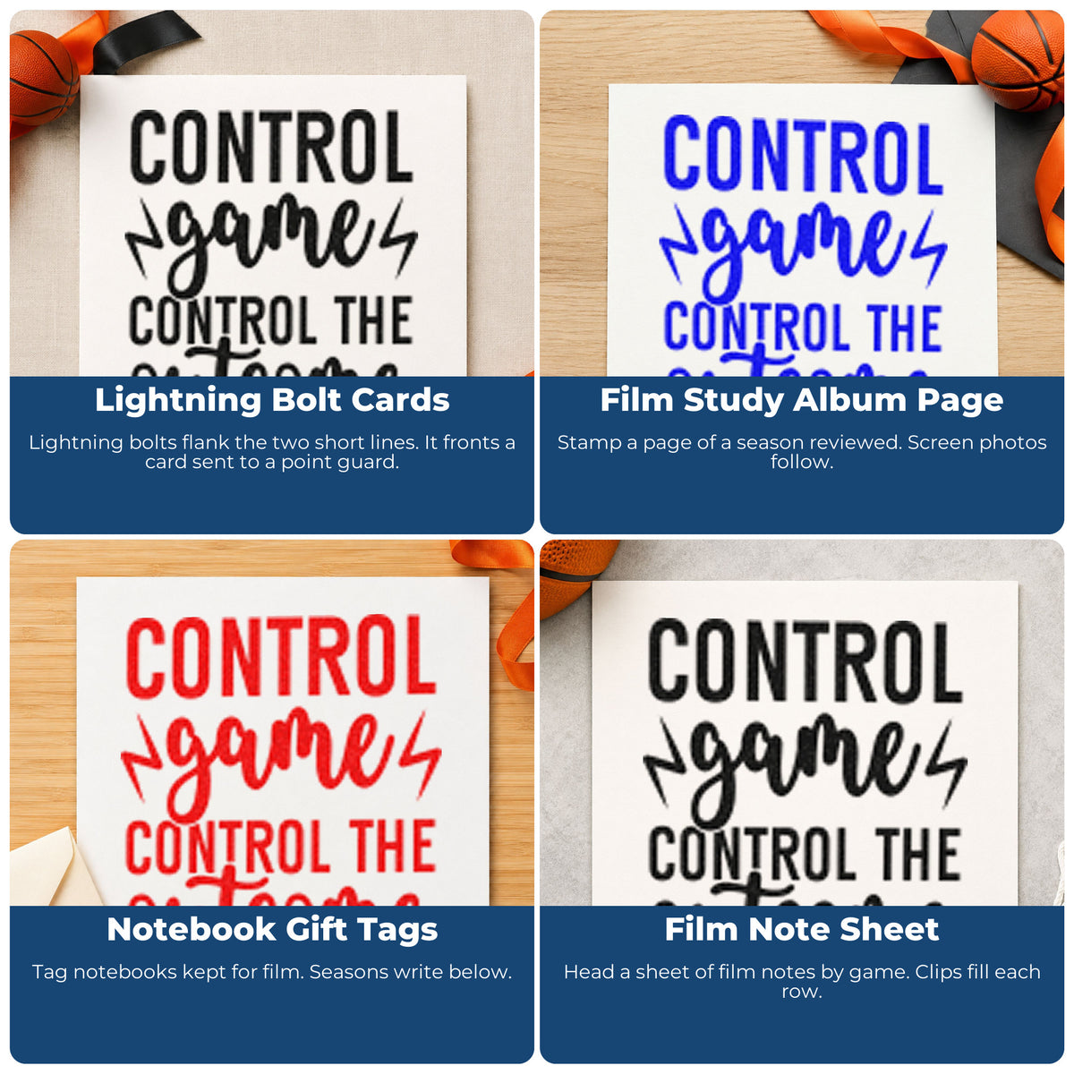 Four ways to use the Control Game Control Outcome Wood Handle Stamp: lightning bolt cards, film study album page, notebook gift tags and film note sheet.
