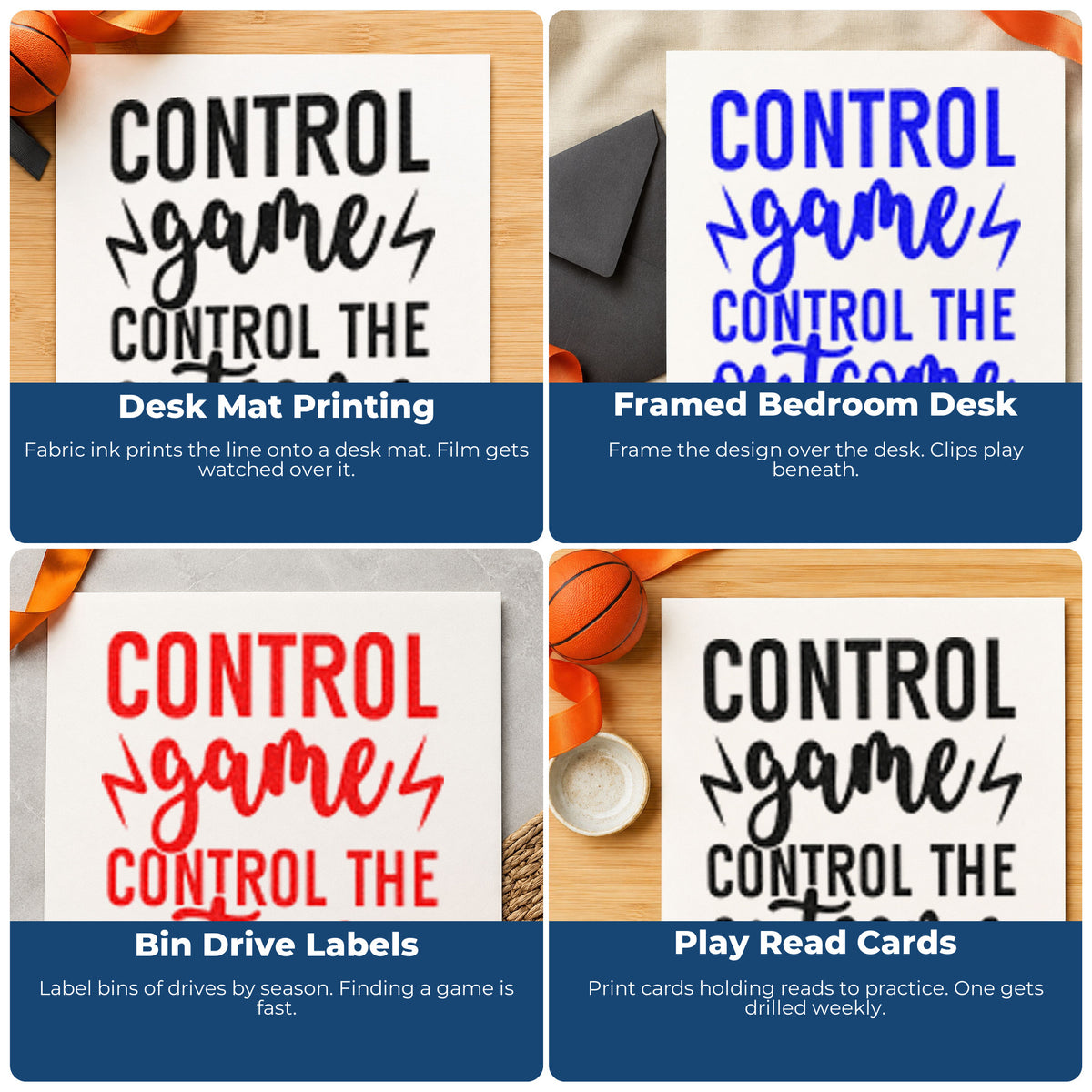 Four ways to use the Control Game Control Outcome Wood Handle Stamp: desk mat printing, framed bedroom desk, bin drive labels and play read cards.