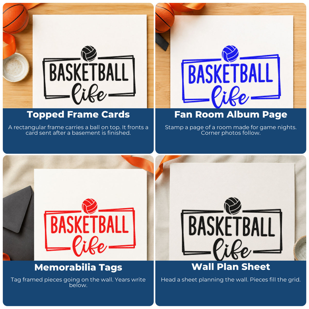 Four ways to use the Framed Basketball Life With Paneled Ball Stamp - Premium Vintage Pro Wooden: topped frame cards, fan room album page, memorabilia tags and wall plan sheet.
