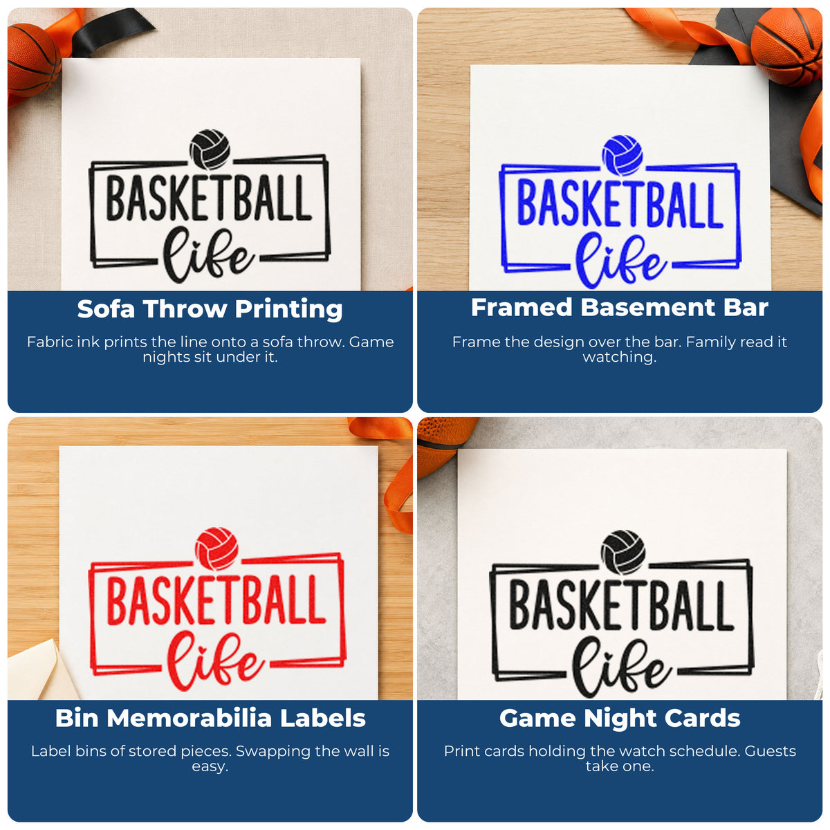 Four ways to use the Framed Basketball Life With Paneled Ball Self-Inking Stamp: sofa throw printing, framed basement bar, bin memorabilia labels and game night cards.