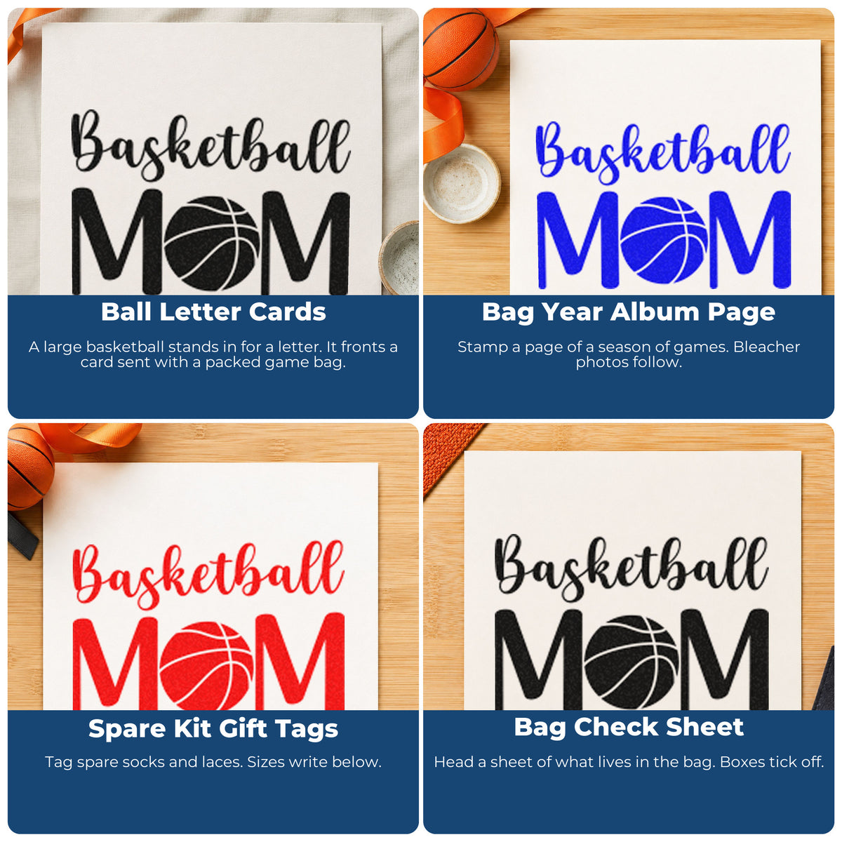Four ways to use the Mom Basketball Center Letter Rubber Stamp – Duo Hand: ball letter cards, bag year album page, spare kit gift tags and bag check sheet.