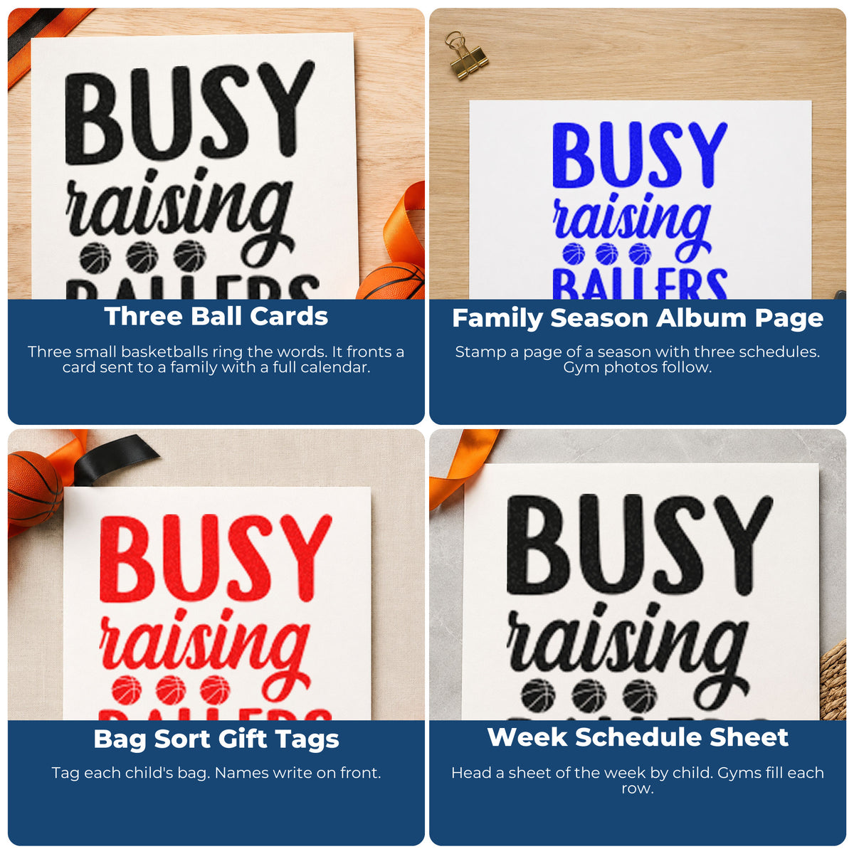 Four ways to use the Busy Raising Ballers Word Art Rubber Stamp – Duo Hand: three ball cards, family season album page, bag sort gift tags and week schedule sheet.