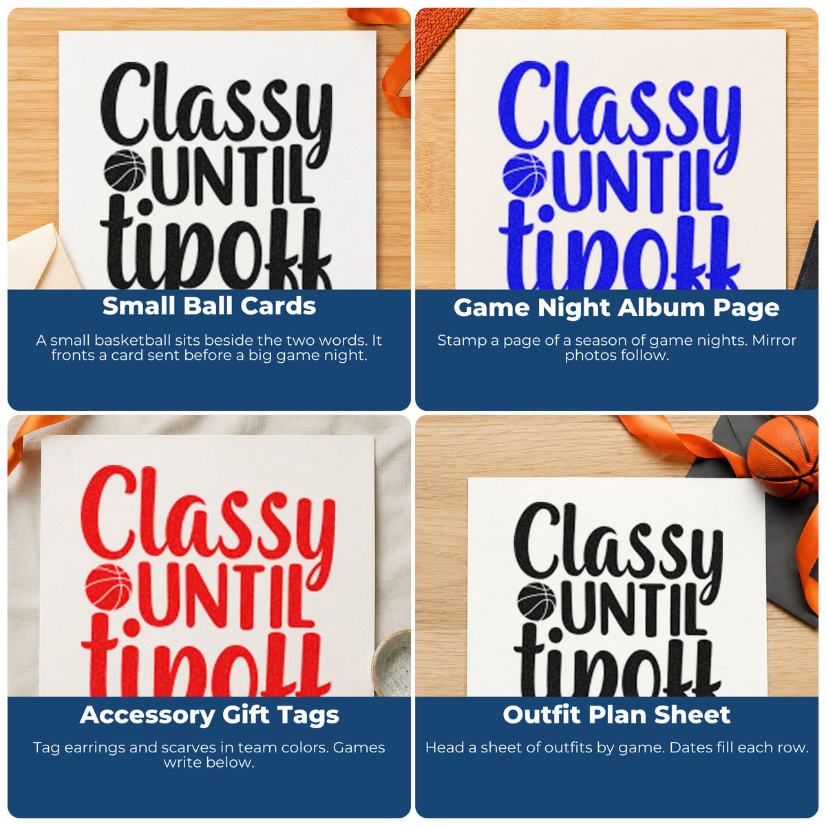 Four ways to use the Classy Until Tipoff Basketball Hand Stamp – Duo: small ball cards, game night album page, accessory gift tags and outfit plan sheet.