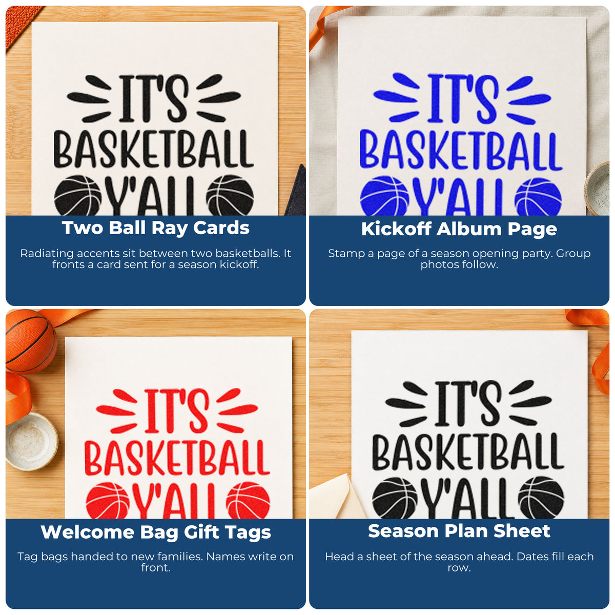 Four ways to use the It Is Basketball Yall Self-Inking Stamp: two ball ray cards, kickoff album page, welcome bag gift tags and season plan sheet.