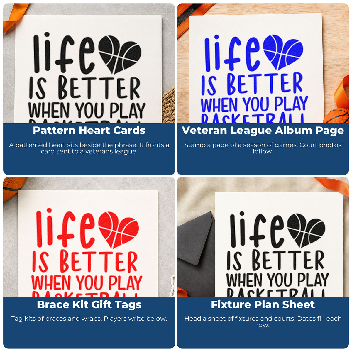 Four ways to use the Life Better Playing Basketball Premium Wood-Mounted Stamp - Vintage Pro: pattern heart cards, veteran league album page, brace kit gift tags and fixture plan sheet.