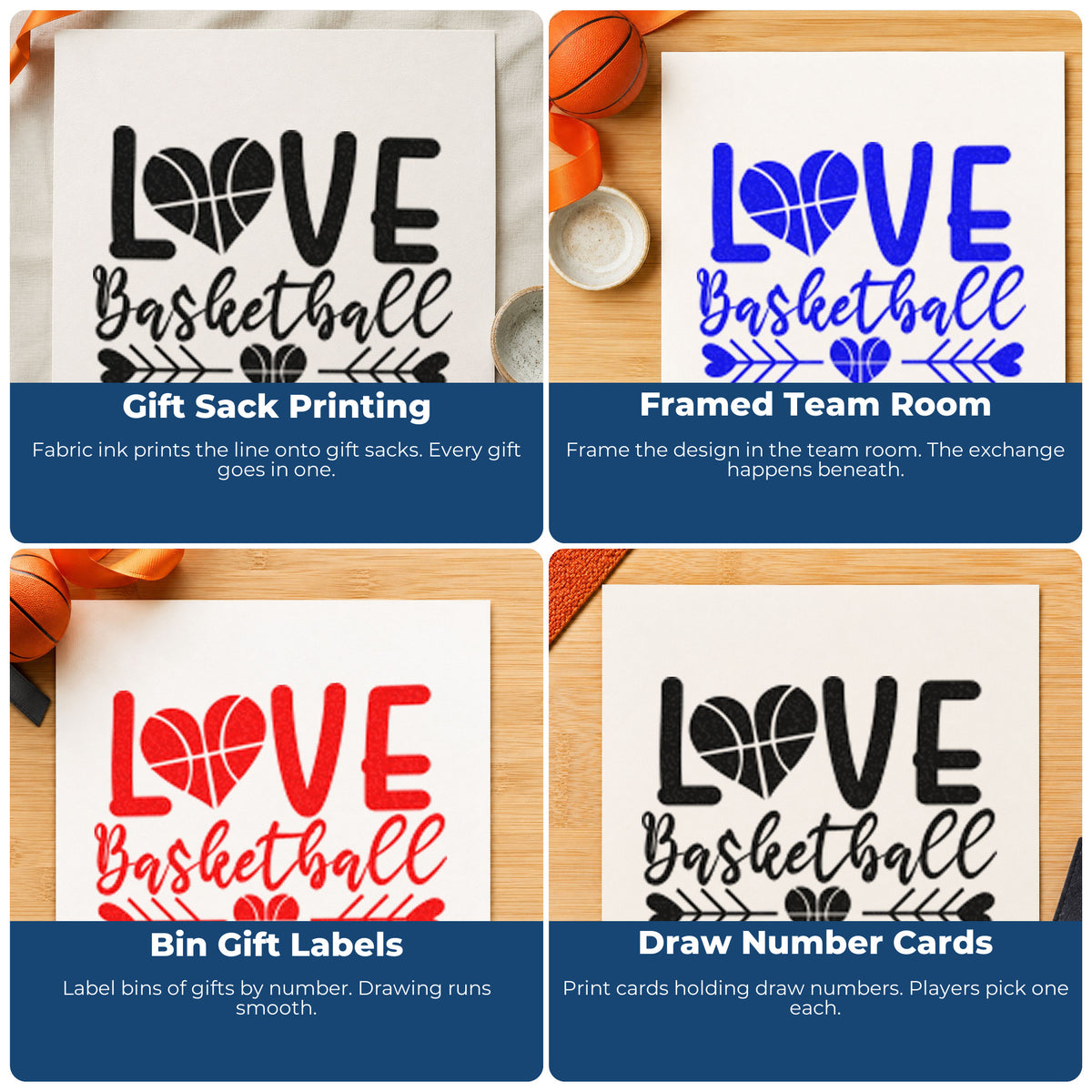 Four ways to use the Love Basketball Heart Arrows Pre-Inked Stamp – PSI: gift sack printing, framed team room, bin gift labels and draw number cards.