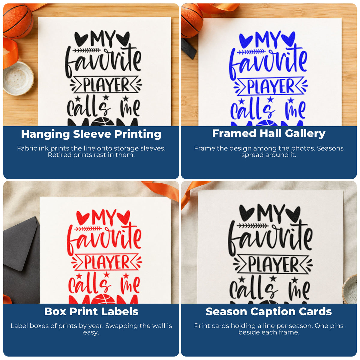 Four ways to use the Favorite Player Calls Mom Premium Wooden Stamp - Vintage Pro: hanging sleeve printing, framed hall gallery, box print labels and season caption cards.