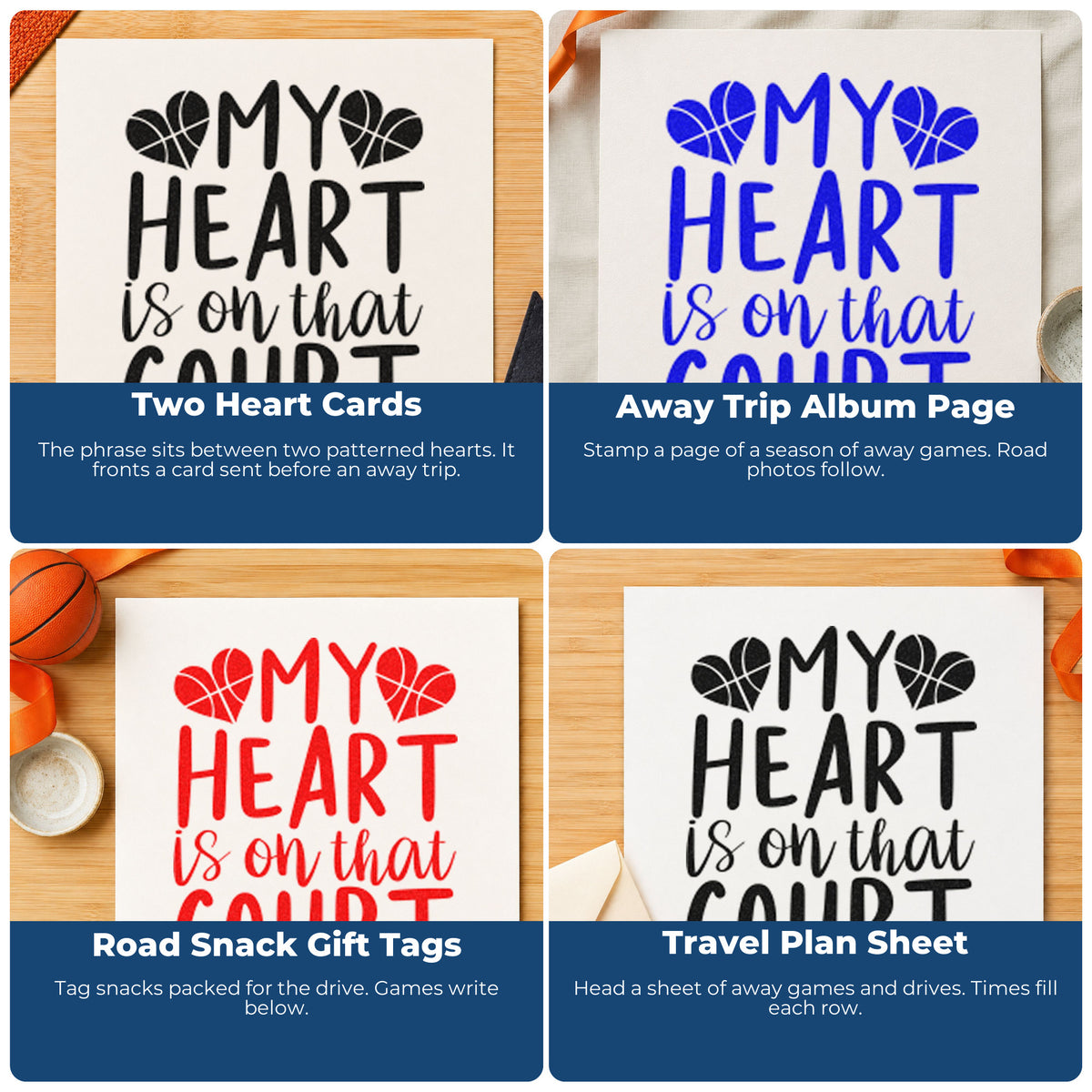 Four ways to use the Heart On That Court Pre-Inked Stamp – Slim: two heart cards, away trip album page, road snack gift tags and travel plan sheet.