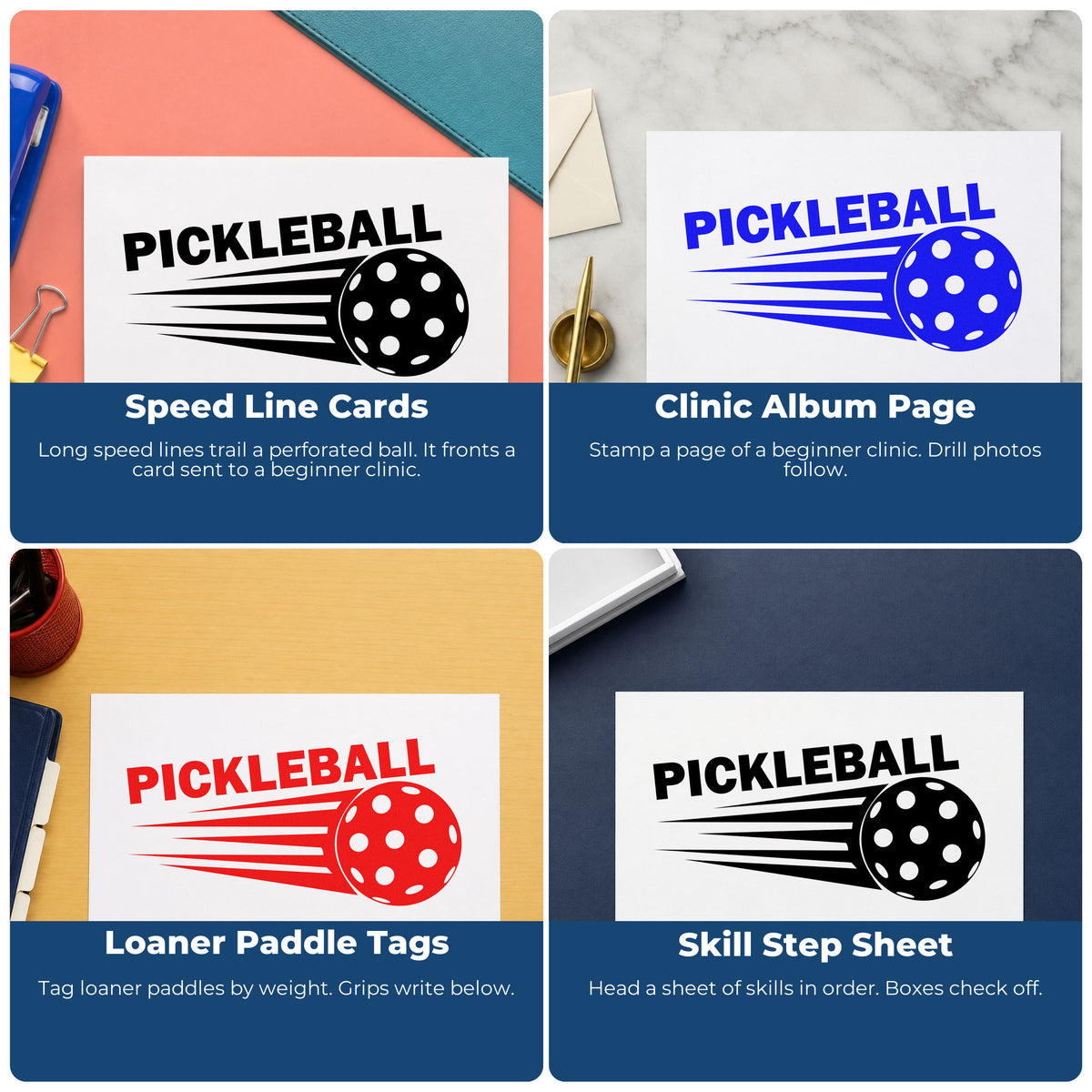 Four ways to use the Pickleball Ball In Motion Premium Wooden Stamp - Vintage Pro: speed line cards, clinic album page, loaner paddle tags and skill step sheet.