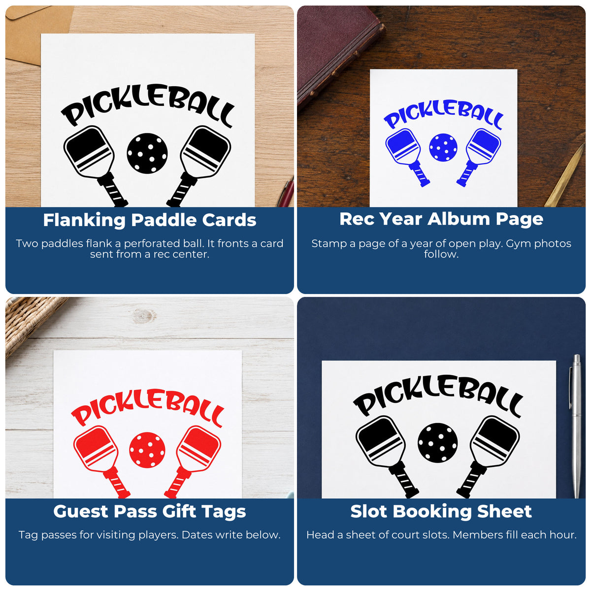 Four ways to use the Pickleball Paddles And Ball Self-Inking Stamp: flanking paddle cards, rec year album page, guest pass gift tags and slot booking sheet.