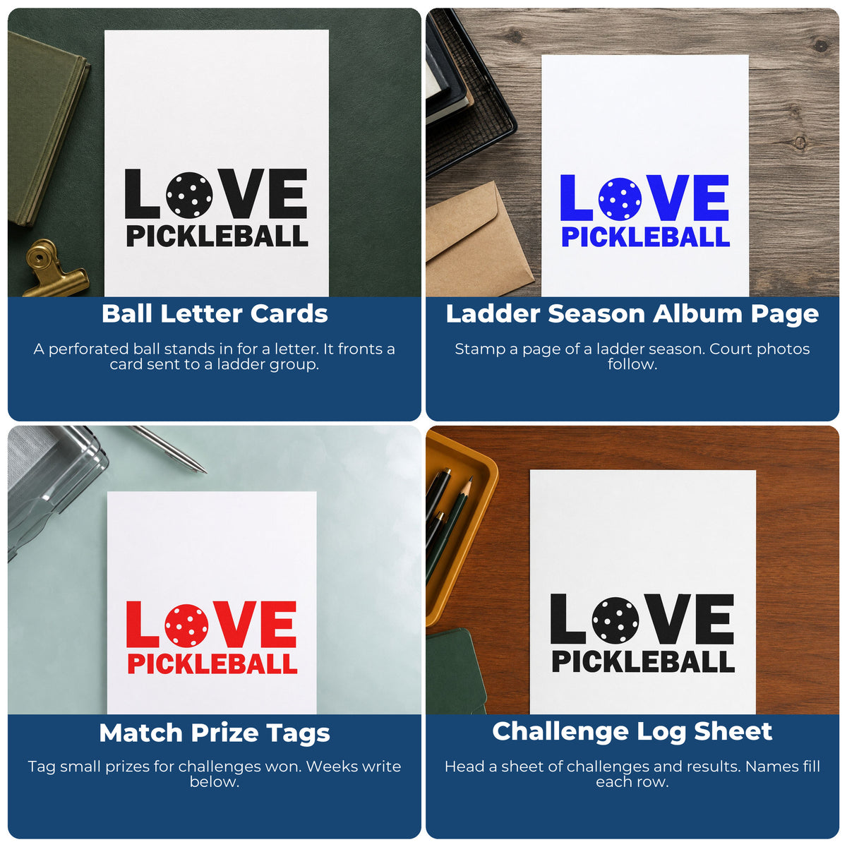 Four ways to use the Self-Inking Pickleball Love Ball Typography Stamp: ball letter cards, ladder season album page, match prize tags and challenge log sheet.