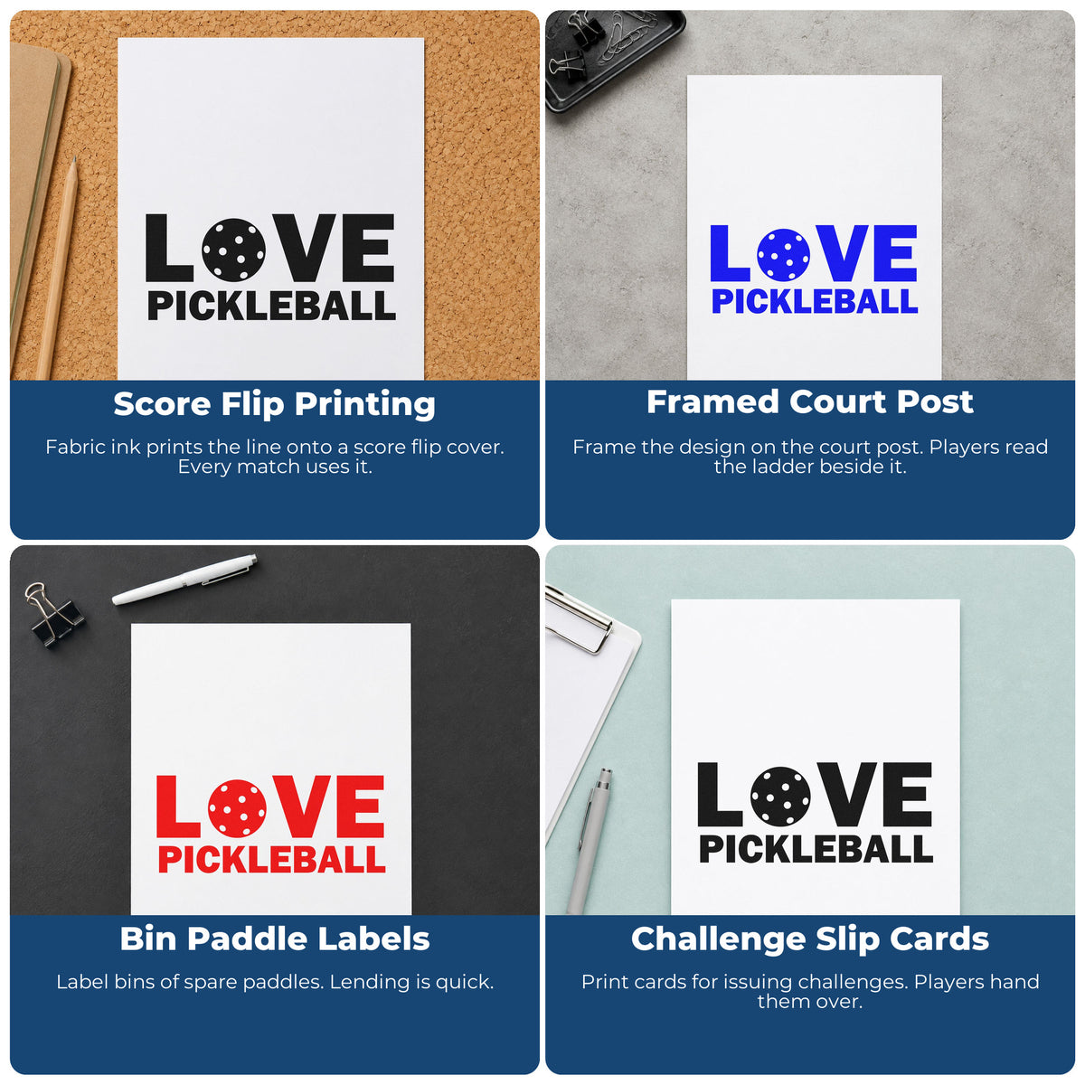 Four ways to use the Self-Inking Pickleball Love Ball Typography Stamp: score flip printing, framed court post, bin paddle labels and challenge slip cards.