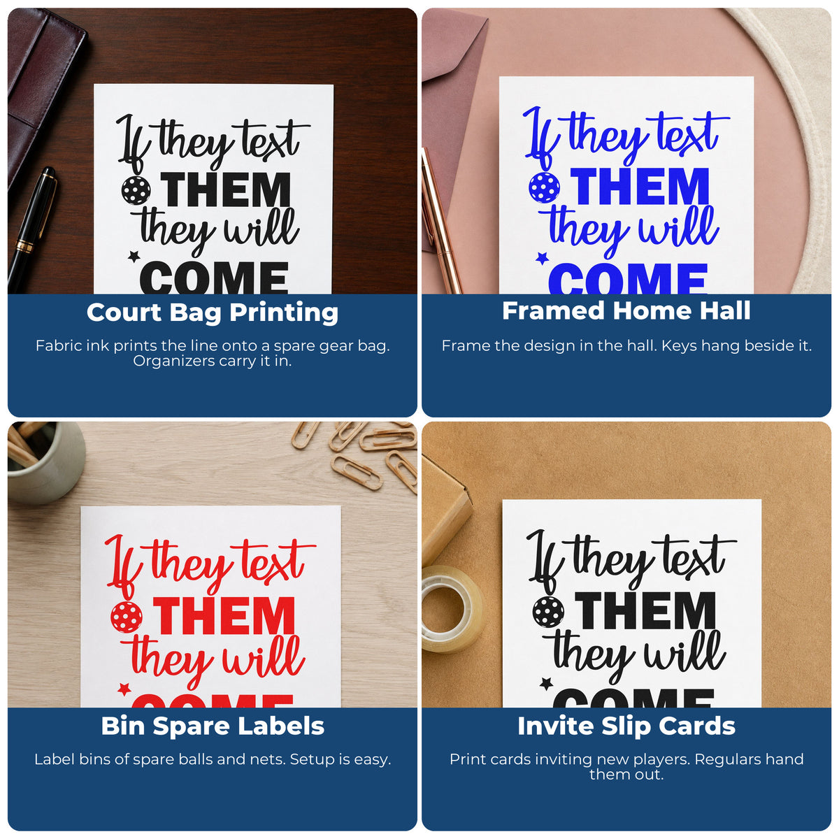 Four ways to use the Pickleball Text Them Word Art Rubber Stamp – Duo Hand: court bag printing, framed home hall, bin spare labels and invite slip cards.