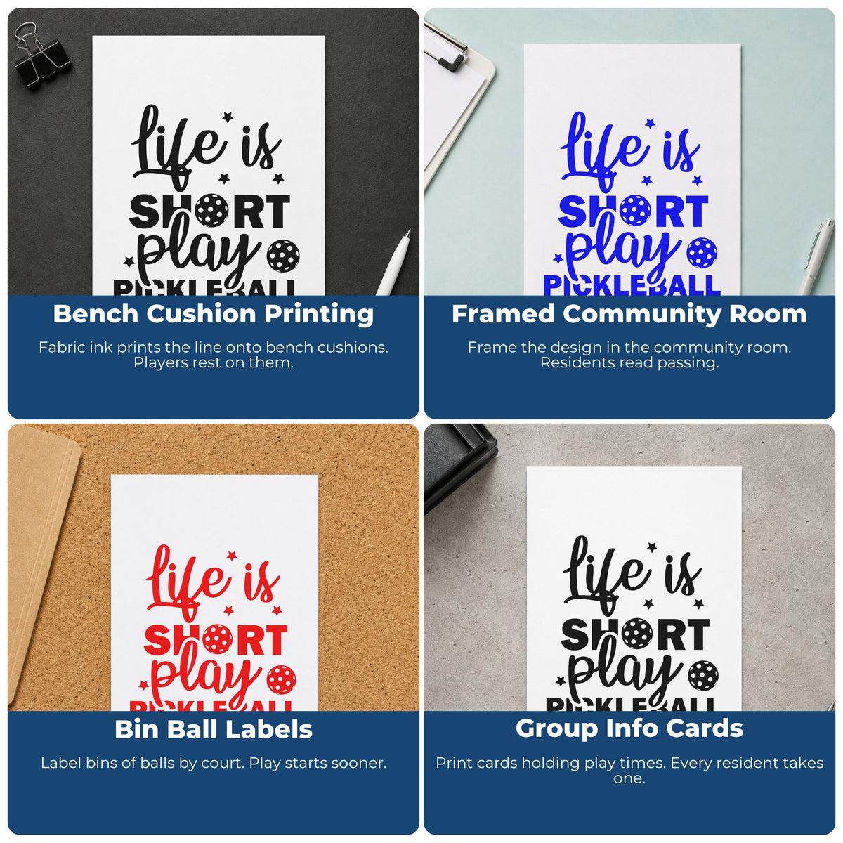 Four ways to use the Vintage Pro Life Short Play Pickleball Premium Wooden Stamp: bench cushion printing, framed community room, bin ball labels and group info cards.