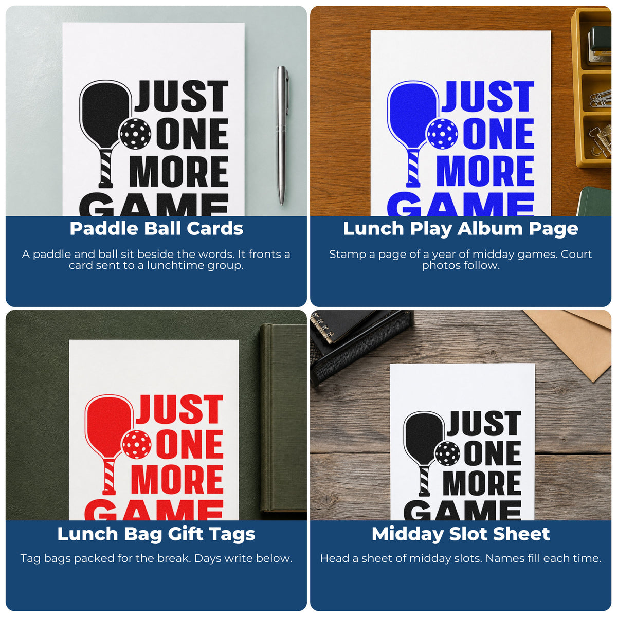 Four ways to use the Just One More Game Paddle Stamp - Premium Vintage Pro Wooden: paddle ball cards, lunch play album page, lunch bag gift tags and midday slot sheet.