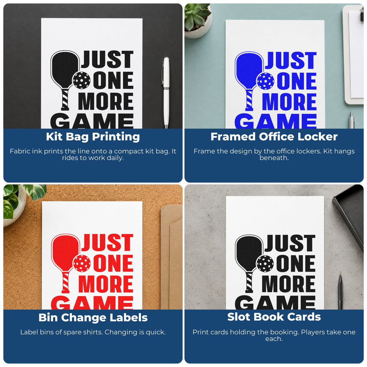 Four ways to use the Just One More Game Paddle Wood Handle Stamp: kit bag printing, framed office locker, bin change labels and slot book cards.