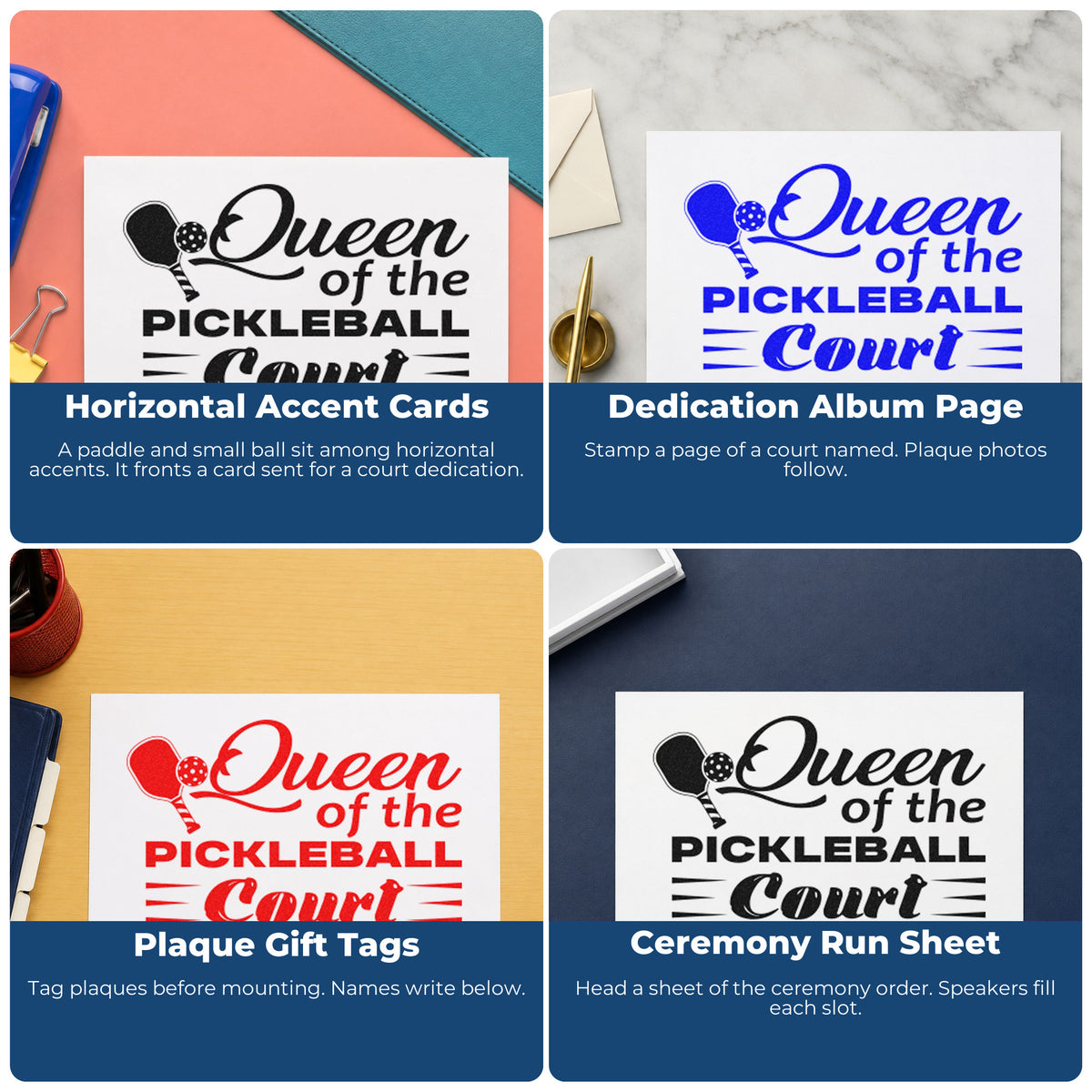 Four ways to use the Queen Of The Pickleball Court Self-Inking Stamp: horizontal accent cards, dedication album page, plaque gift tags and ceremony run sheet.