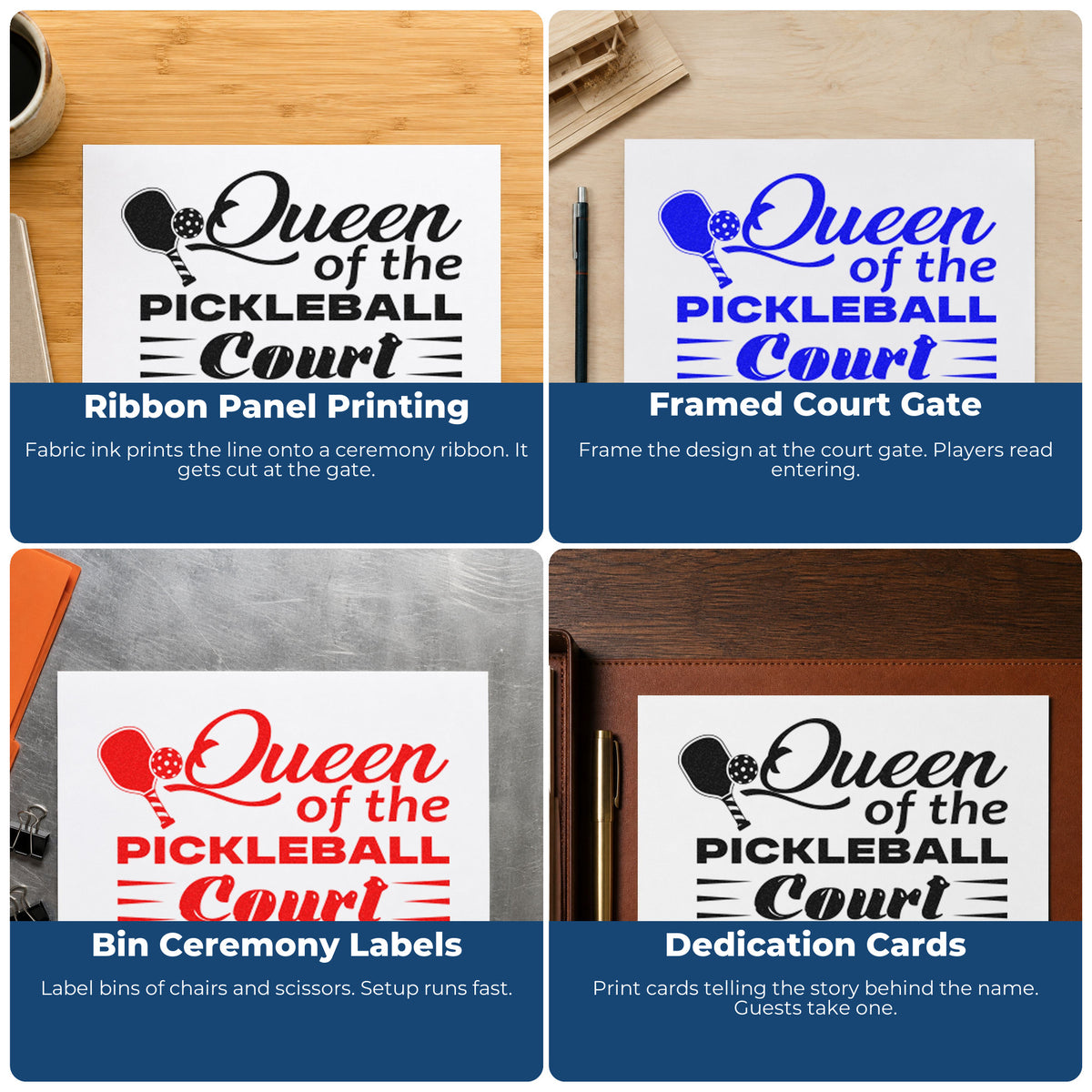Four ways to use the Queen Of The Pickleball Court PSI Pre-Inked Stamp: ribbon panel printing, framed court gate, bin ceremony labels and dedication cards.