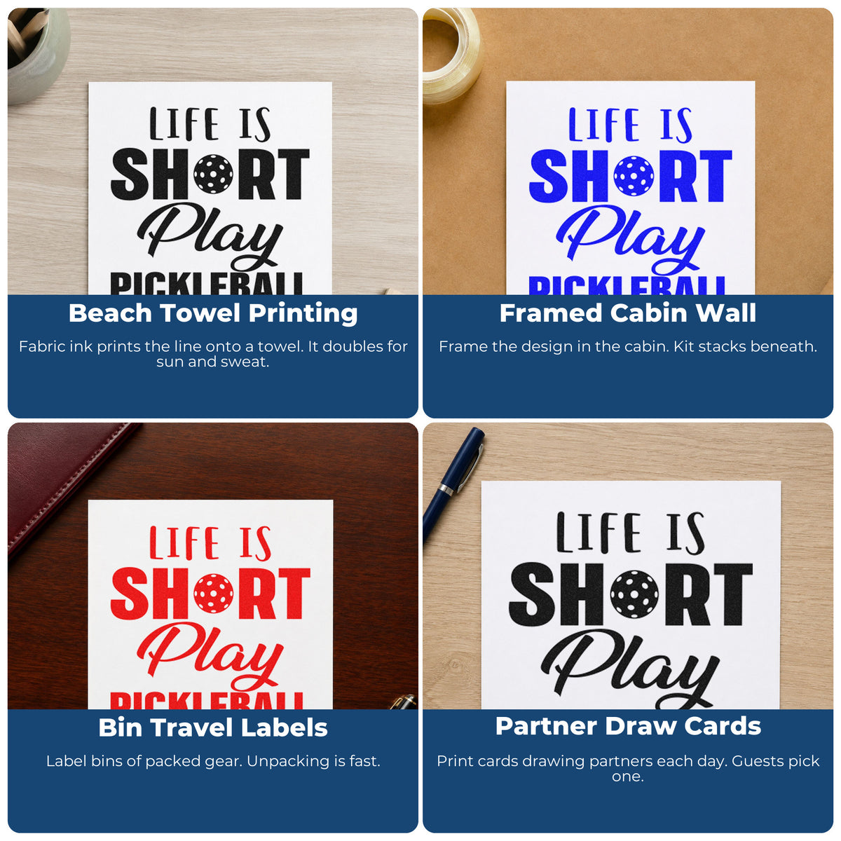 Four ways to use the Life Is Short Play Pickleball Lettering Pre-Inked Stamp – Slim: beach towel printing, framed cabin wall, bin travel labels and partner draw cards.