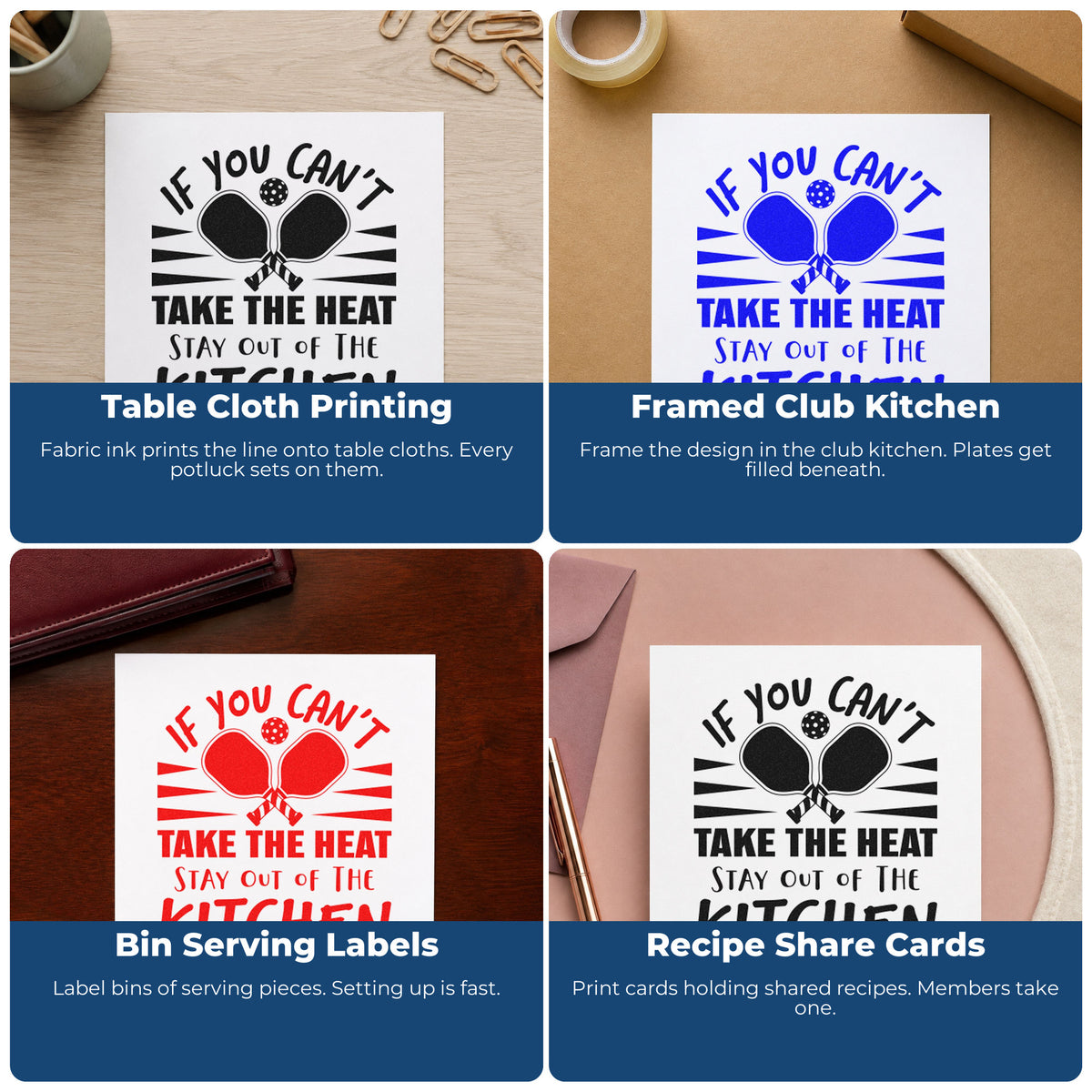 Four ways to use the Heat Stay Out Kitchen PSI Pre-Inked Stamp: table cloth printing, framed club kitchen, bin serving labels and recipe share cards.