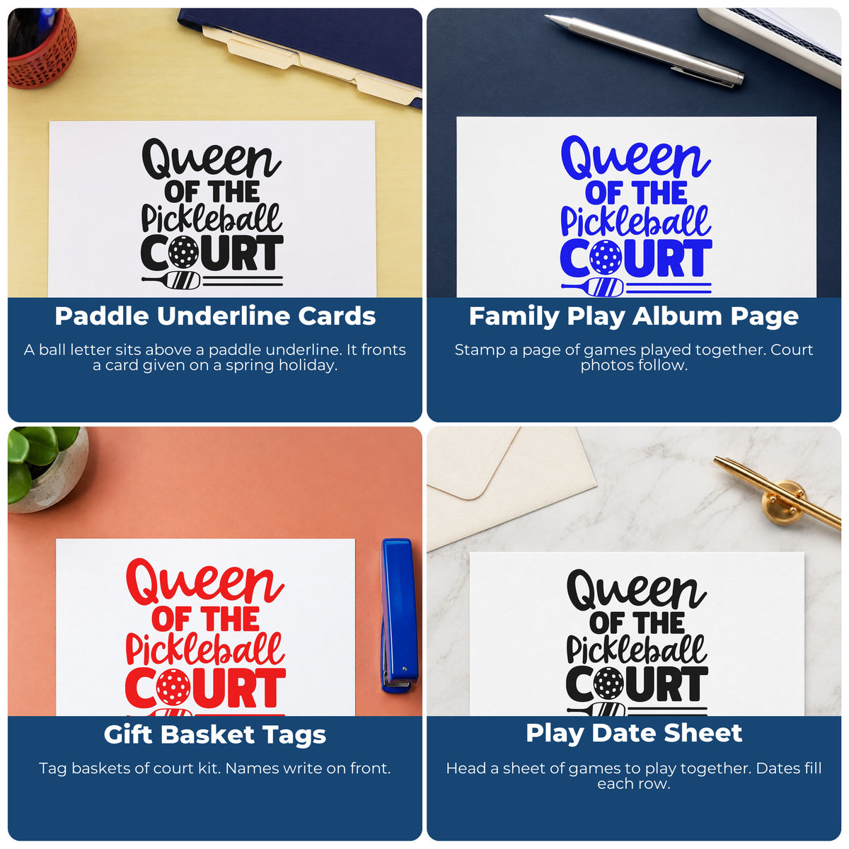 Four ways to use the Queen Of Pickleball Court Pre-Inked Stamp – PSI: paddle underline cards, family play album page, gift basket tags and play date sheet.