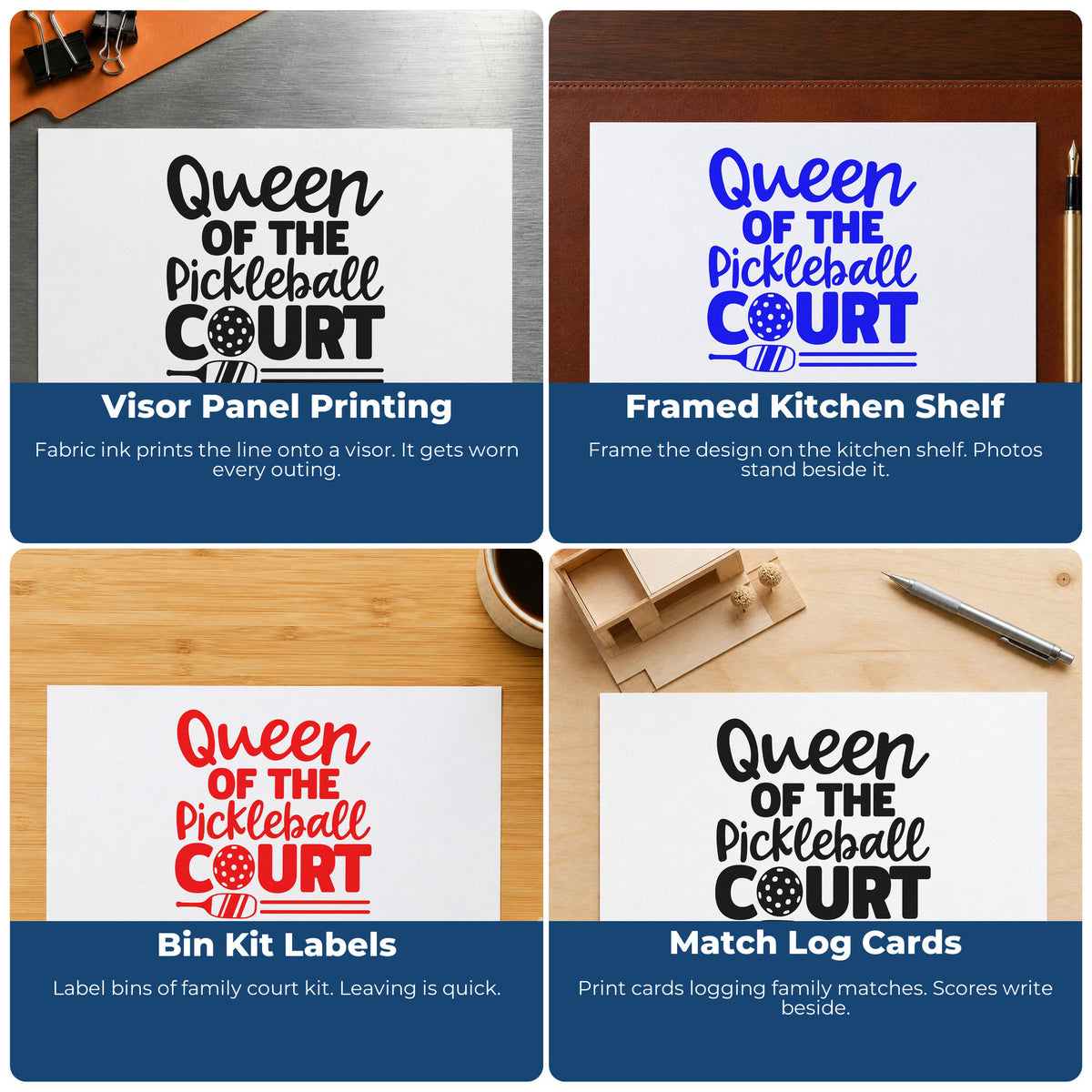 Four ways to use the Queen Of Pickleball Court Rubber Stamp – Wood Handle: visor panel printing, framed kitchen shelf, bin kit labels and match log cards.