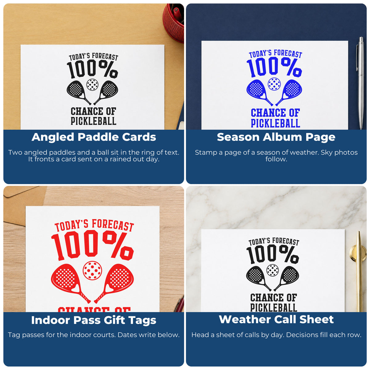 Four ways to use the Today's Forecast Pickleball Paddles Stamp – Self-Inking: angled paddle cards, season album page, indoor pass gift tags and weather call sheet.